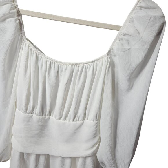 White Boho-Style Long Sleeve Dress With Smocked Waist & Open Back Tie Detail by - Picture 2 of 10